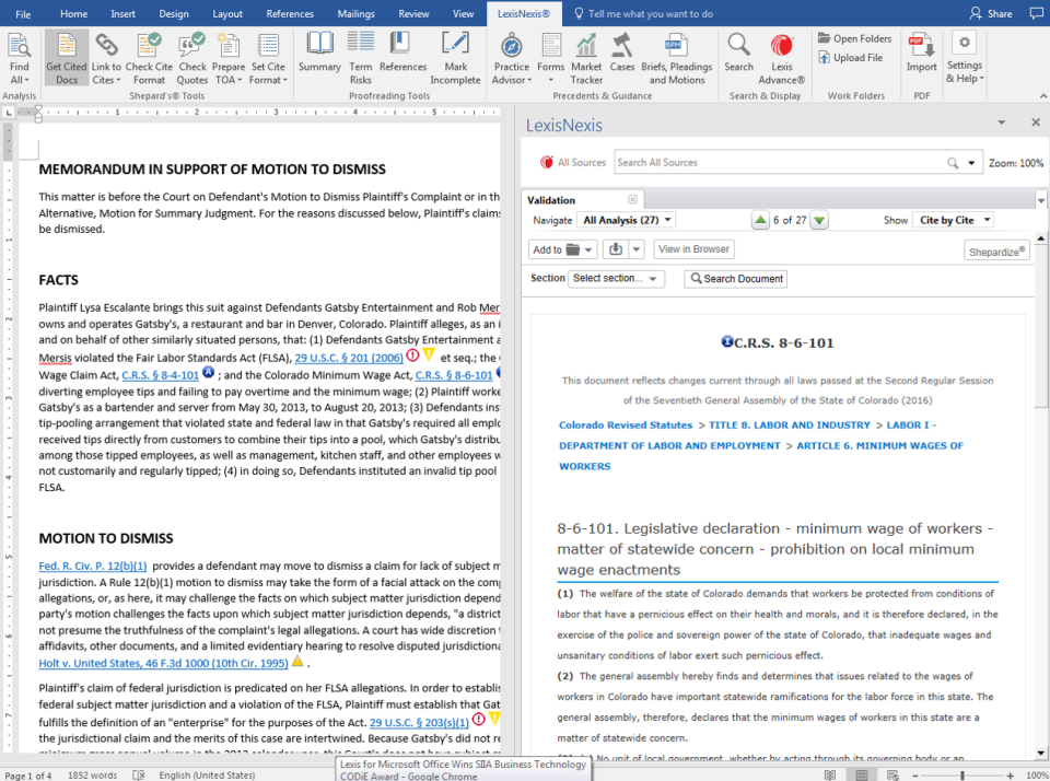 screenshot of Lexis for Microsoft Office